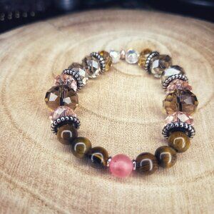 Gemstone beaded bracelet - Tiger eye, cherry quartz - brown and pink beads